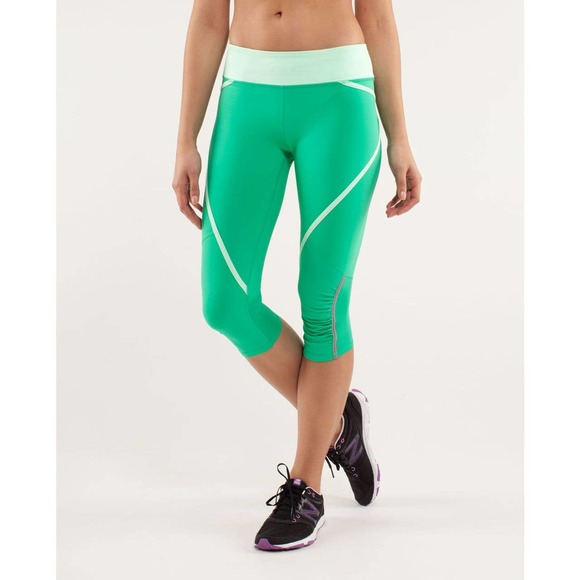 Lululemon Run Pace Crop Leggings 4 Very Green Fresh Teal Mid Rise Capri - Picture 1 of 15